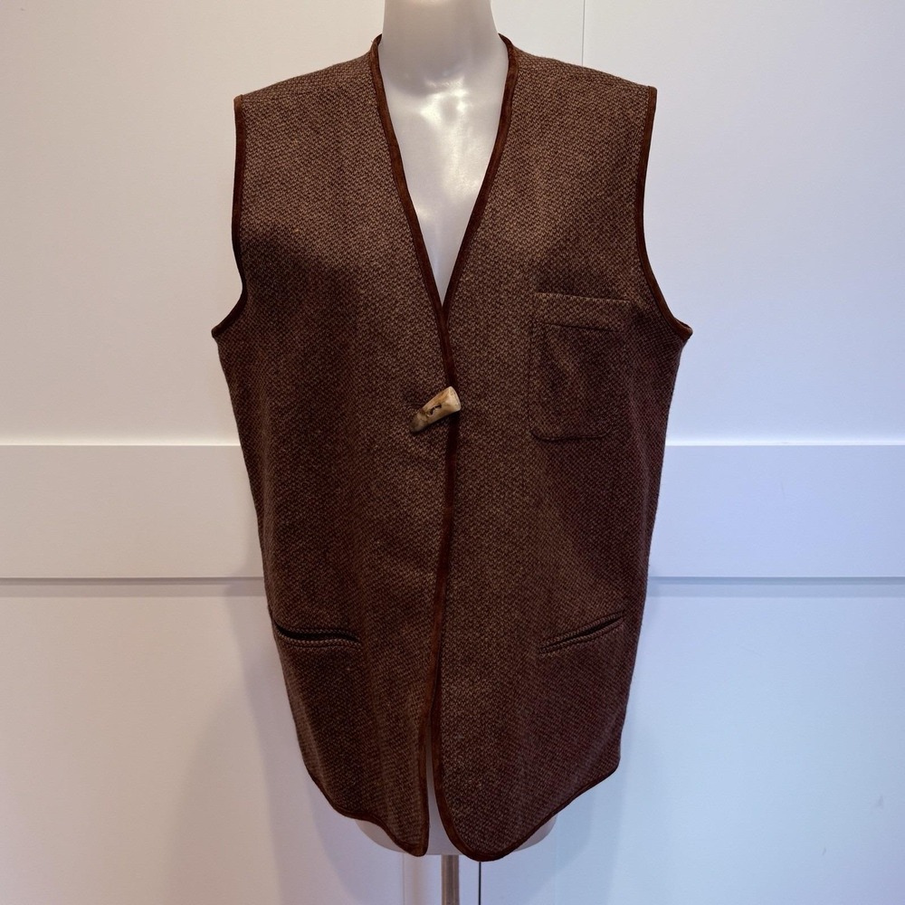 Vtg Women Brown Tweed Riding Vest Wool Blend Equestrian Country Western Style XL